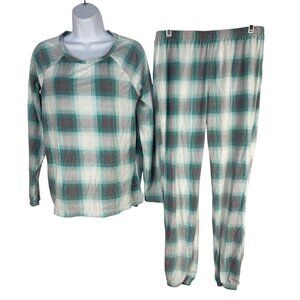 Sonoma Womens Small Plaid Turquoise Gray Pajama Set Long Sleeve Top Elastic Pant